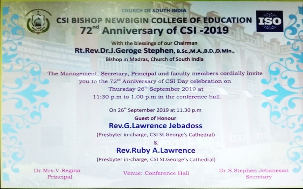 72nd CSI Day Celebration in Bishop NewBigin College of Education